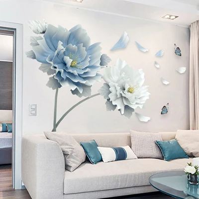 Large White Blue Flowers Lotus Butterfly Removable Wall Stickers 3D Wall Art Decals Mural Art for Living Room Bedroom Decor - Цвет: 125X78CM