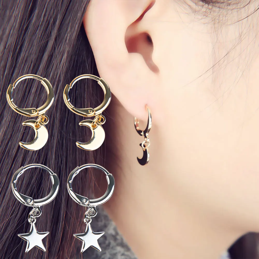 Подвеска Звезда Луна простые круглые серьги милые маленькие сережки золото