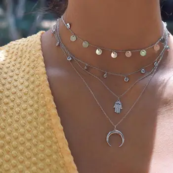 

ALYXUY Women Necklaces Bohemian Moon Palm Rounds Geometric Pendant Multilayer Silver Color Crystal Necklace Party Charm Jewelry