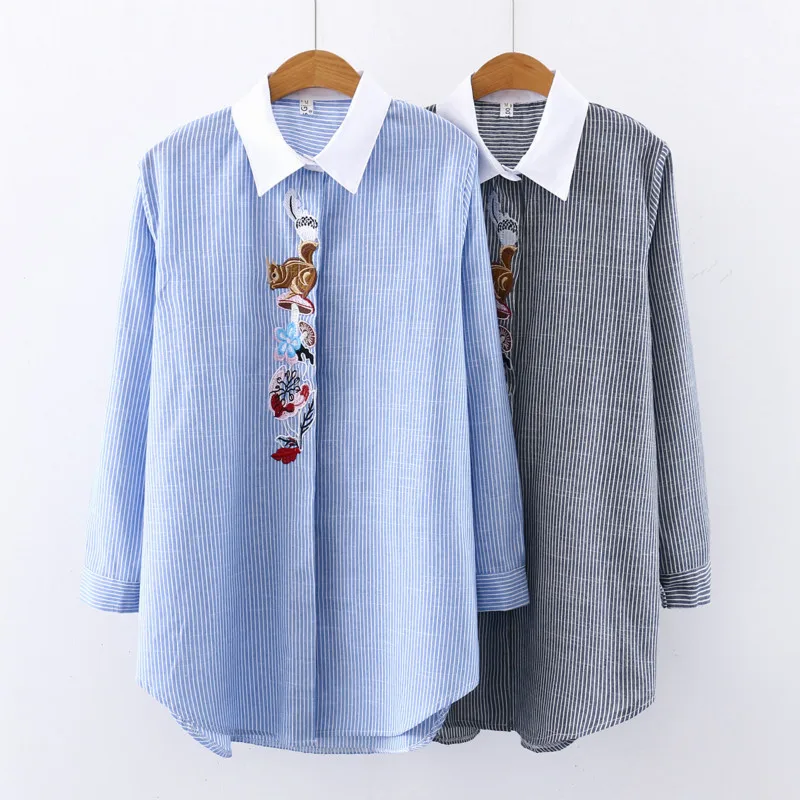 2020 Весенняя женская полосатая блузка с вышивкой Повседневная белая длинным