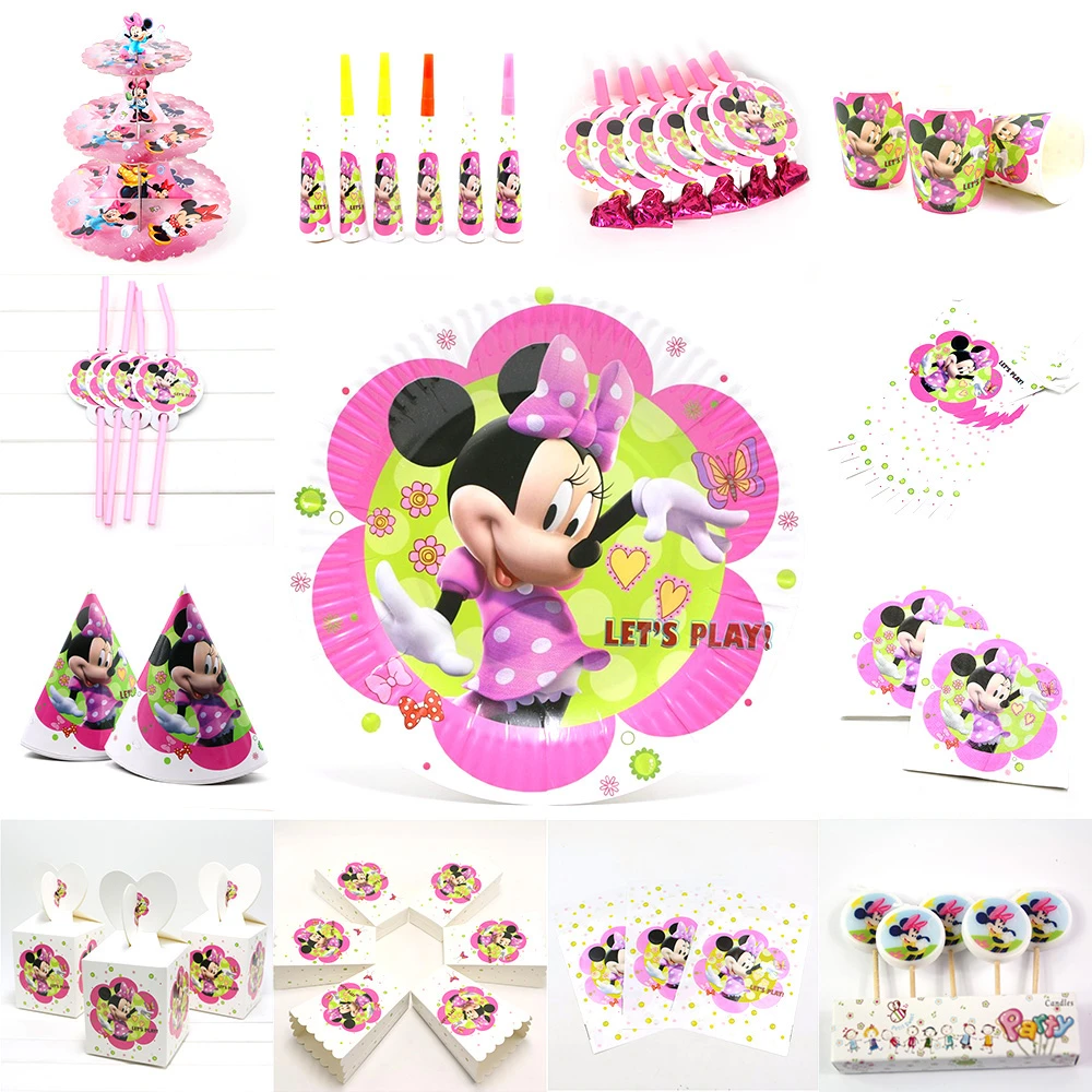 Disney Minnie Mouse Decoratie Set Kids Verjaardagsfeestje Levert Papieren Beker Plaat Servetten Banner/Vlag Hoed Stro Snoep - AliExpress