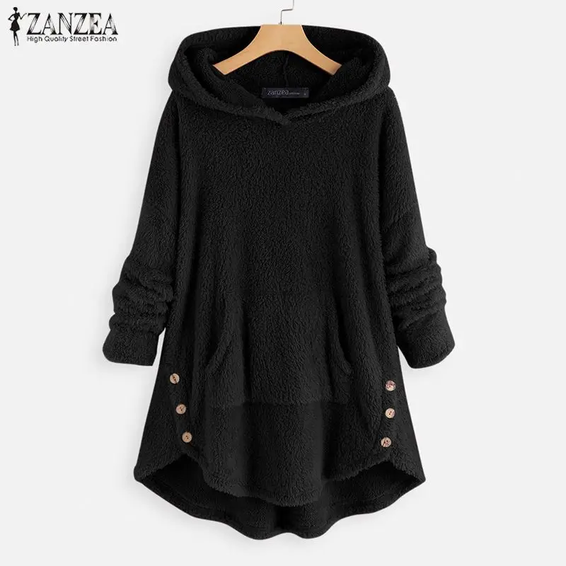 Женская зимняя флисовая толстовка с капюшоном ZANZEA с длинным рукавом Плюшевые Пушистые пуловеры повседневные однотонные осенние толстовки пальто Топы
