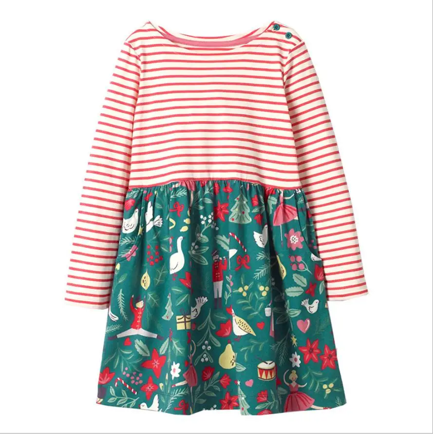 

2-8Yrs Christmas Baby Girls Stripe Dresses Spring Autumn Cartoon Long Sleeve Clothes