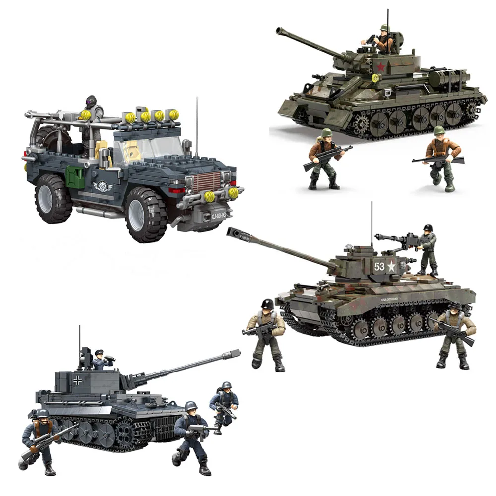 

T-34/85 M26 Tiger Tank Humvee World War Military Battle of Rhineland Army Action Figures Mega Block WWII Weapon Building Bricks