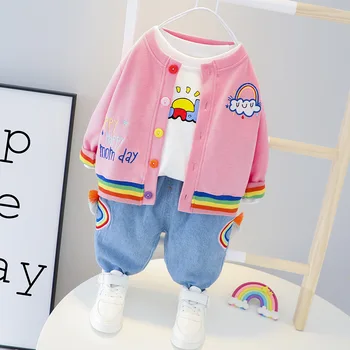 

Autumn Baby Girls Clothing Sets Children Kids Suits Rainbow Cardigans Coats + T-shirt Tops + Denim Jeans Trousers 3Pcs Clothes