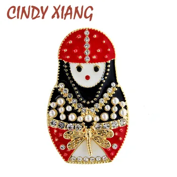 

CINDY XIANG Red Color Enamel Russia Matryoshka Brooch Pearl Rhinestone Brooches For Women New Creative Jewelry Pin