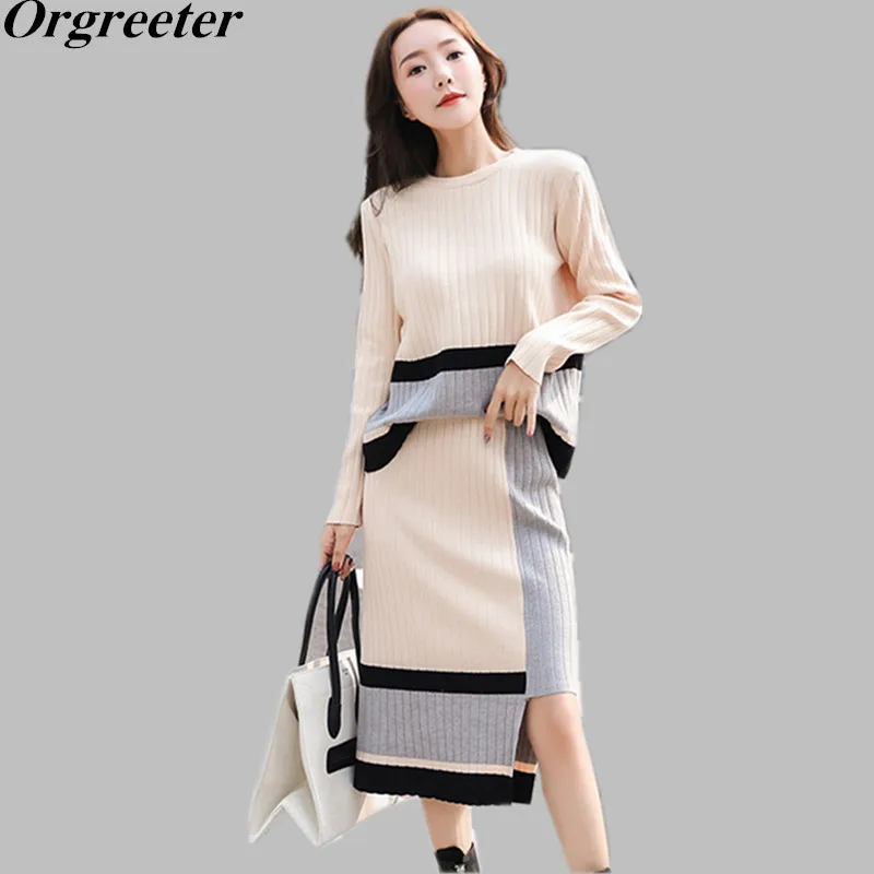 

High Quality New 2019 Autumn Knitted Womans Suits Colorblock Loose Long Sleeve Sweater and Irregular Skirts 2 Piece Set Woman