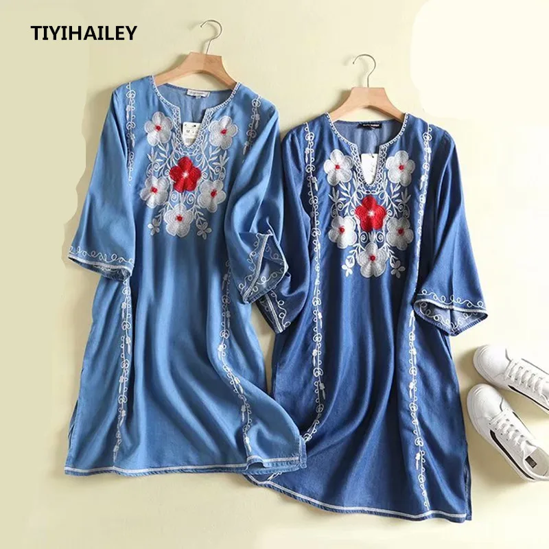 

TIYIHAILEY Free Shipping 2021 Fashion Summer Embroidery Half Sleeve Denim Dress Women Long Knee Length Vintage M-L Blue Dresses