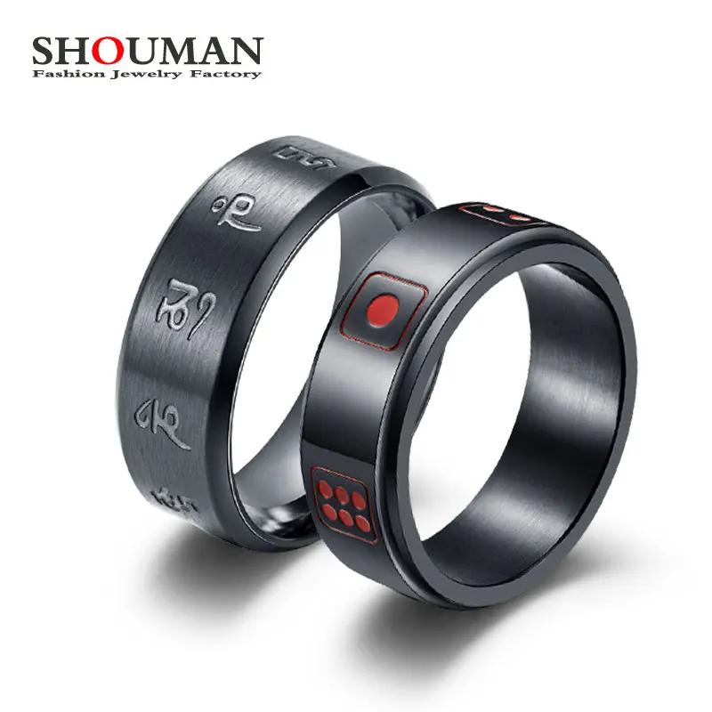 

SHOUMAN Fashion Buddhism Six-Word Proverbs Mahjong Dice Rotatable Men's Ring Cool Hip Hop Punk Jewelry Leisure Sports Gift