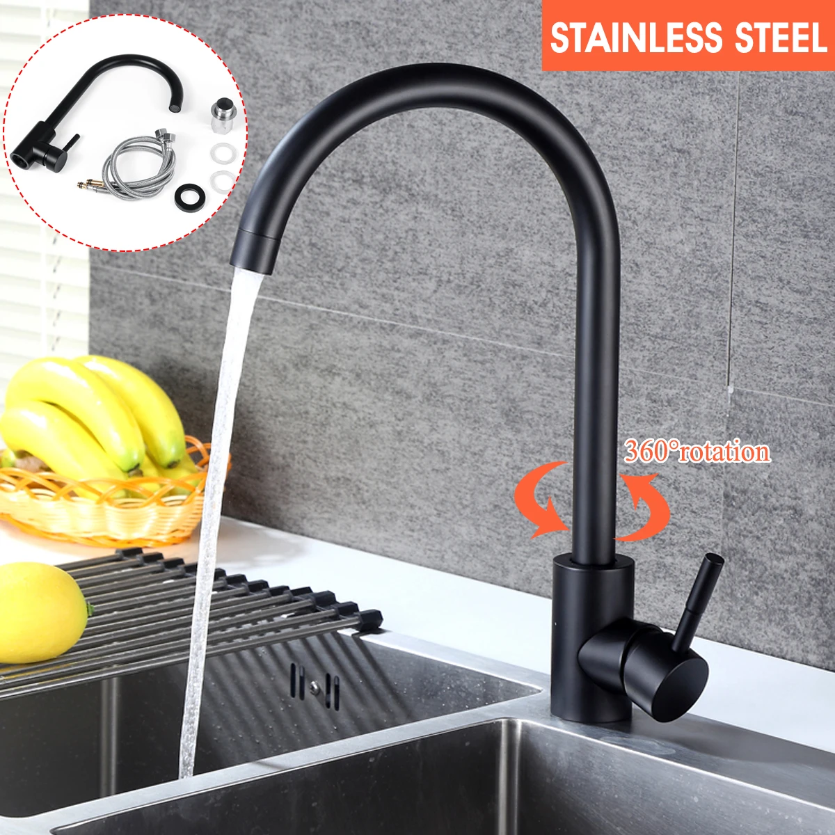 Grifo de cocina de acero inoxidable, negro, grifo de agua de la cocina del fregadero, grifo de una sola manija caliente y fría, grifo de ducha de cocina de rotación 360
