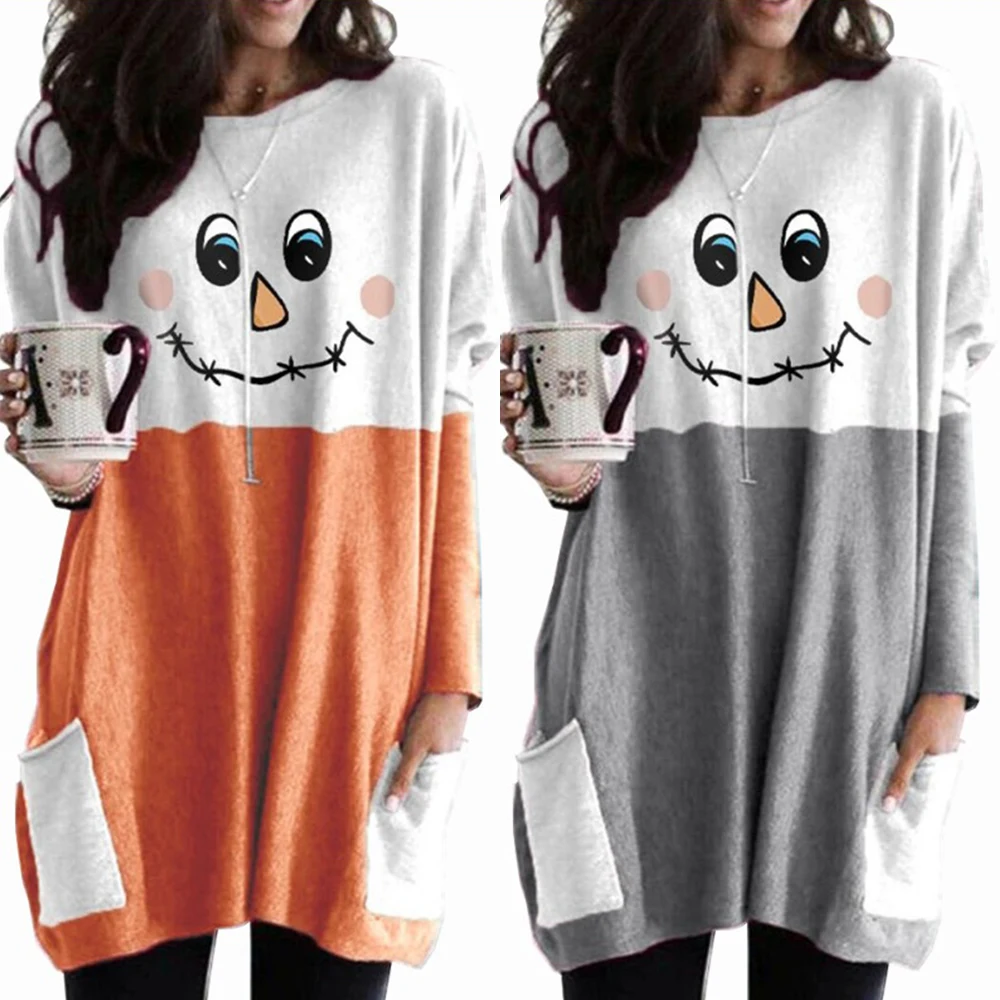 VICABO Women Tops 2020 Christmas T Shirt Long Sleeve O-neck Pockets Casual Snowman Print Female Shirts