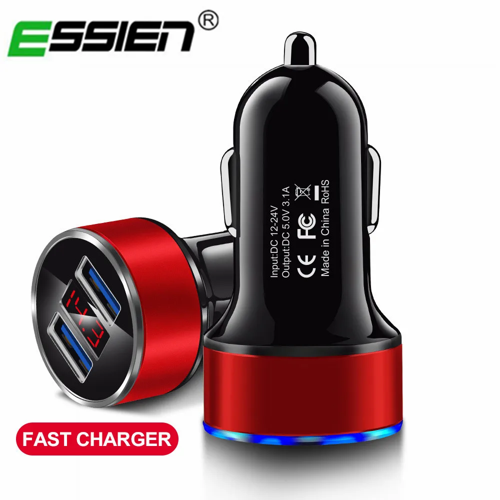 

ESSIEN Dual USB Car Charger Adapter 3.1A Digital LED Voltage/Current Display Auto Vehicle Metal Charger For Smart Phone/Tablet