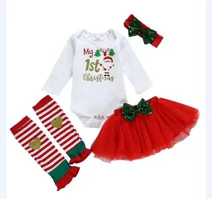 Белый My 1st Christmas/Рождественский комбинезон для новорожденных девочек; юбка-пачка из тюля; повязка на голову; гетры; детская одежда; комплект одежды из 4 предметов - Цвет: Белый
