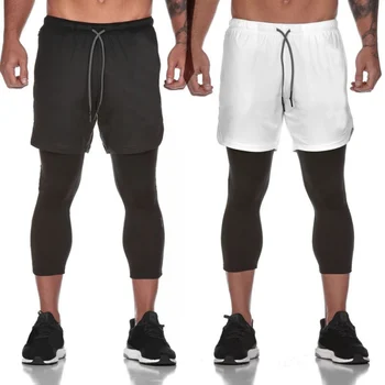 

2019 New Men Sports Solid Color Pants Mesh Double-layer Fitness Trousers Fake Two-piece Gym Casual Trousers