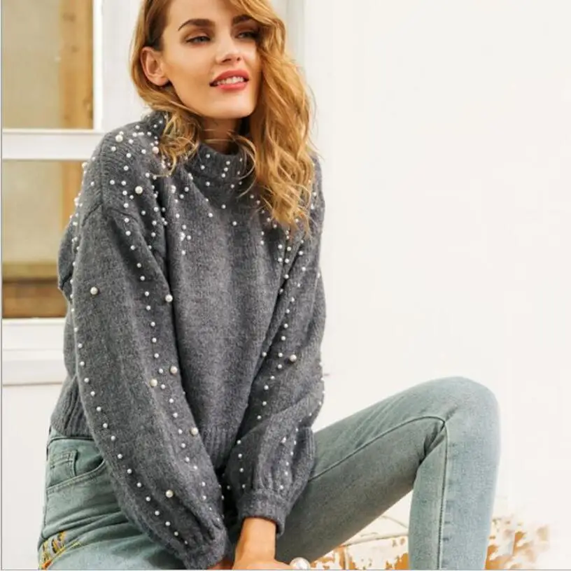 

i2u Women's Knits Loose Sweater with Pearl Casual Long Sleeve Round Neck Pullover Winter Sweater