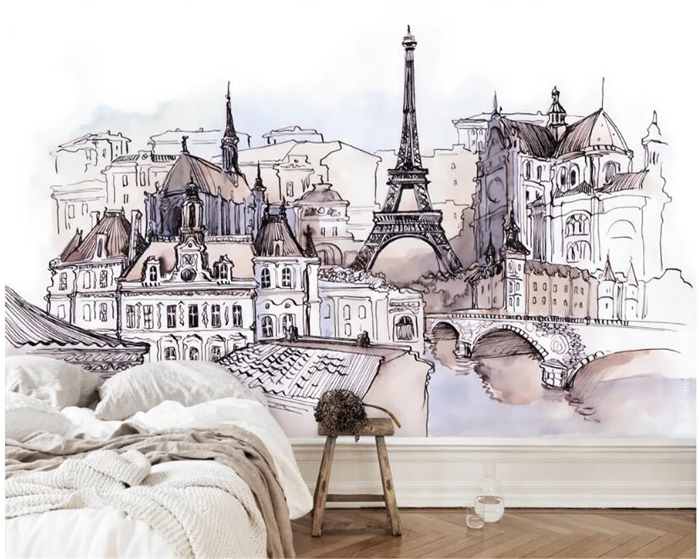 beibehang-European-hand-painted-foreign-tourism-fashion-stickers-tower-watercolor-mural-papier-peint-decoration-wallpaper-behang (4)