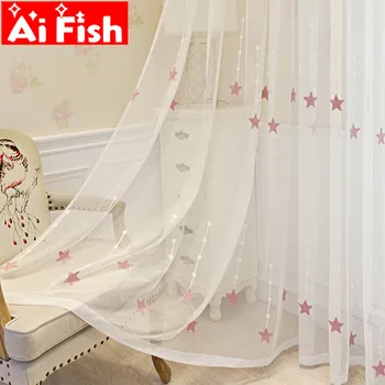 

Pink Embroidered Star Sheer Curtains For Children's Bedroom Window Treatments Mesh Tulle Curtains Living Room Drapes wp309#5