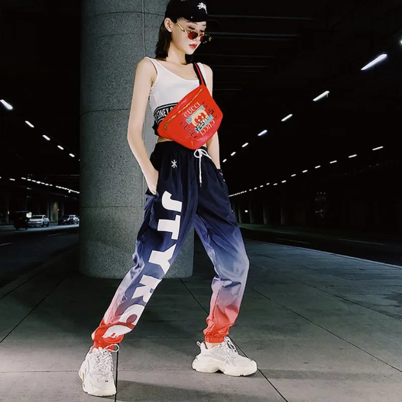 

Fashion Women Gradient Print Feet Pants High Waist Hip Hop Letter Print Pants Ladies Street Style Loose New Harem Pants S-XXL