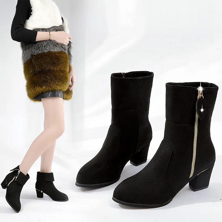 

High Heel Boots Booties Ladies Zipper Shoes Round Toe Winter Women Luxury Designer Bootee Woman 2019 Heels Ankle Chunky Autumn