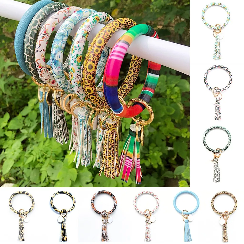 

Fashion Trend Large Leather Bracelet Tassel Round Keychain Ring Jewelry Wristban