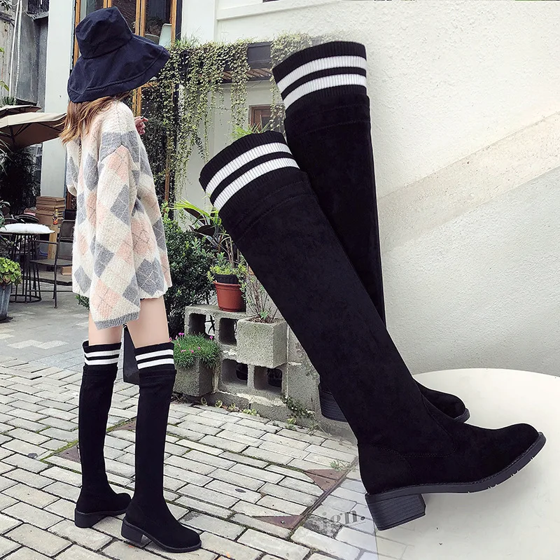 

Over-the-Knee Slip-On Striped Long Boots for Women Round Toe Platform Fashion Autumn Winter Boots Low Square Heel Flock Shoes