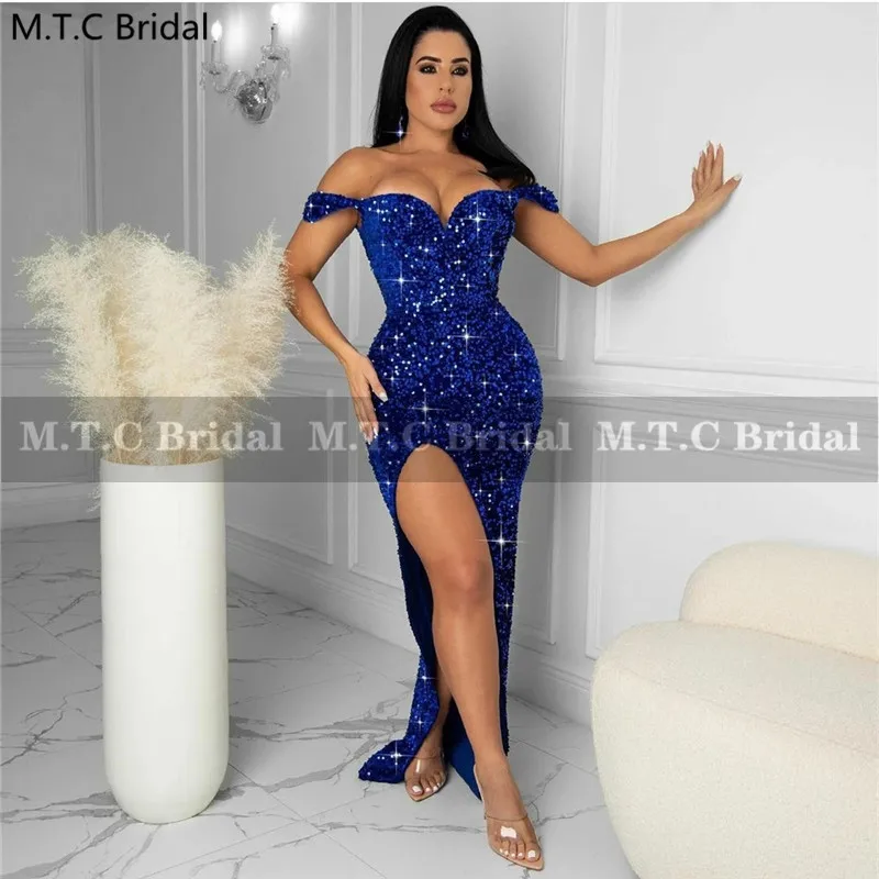

Sexy Long Prom Dresses Royal Blue Sweetheart Side Slit Elastic Sequins Birthday Party Evening Gowns Robe De Soiree