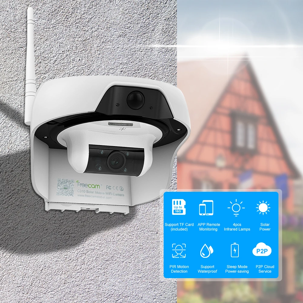 

720P Solar Powered WiFi IP Camera Motion-Activated Security Camera Support Cloud Storage Built-in 16GB SD Card Waterproof