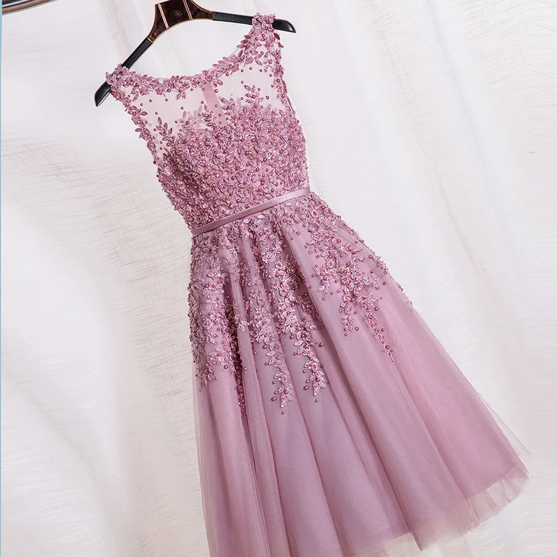 

In stock fast ship Short beaded Cocktail Dresses Dusty pink Lace Cheap A-line Tulle Sleeveless Cocktail Party Prom Dress 2019