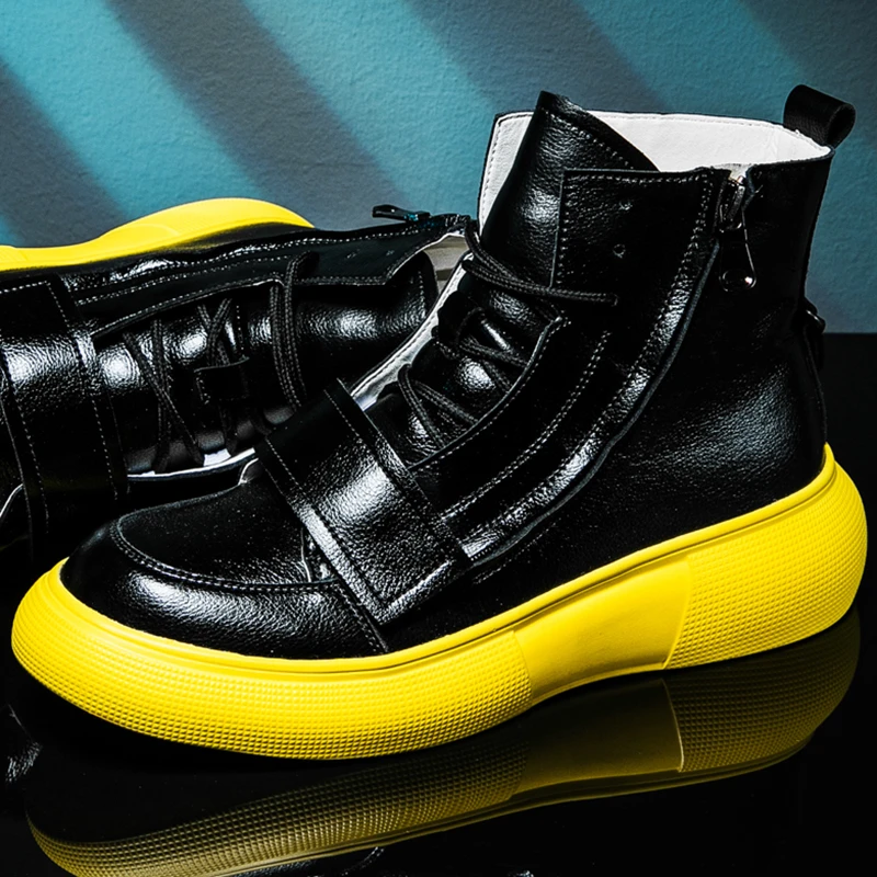 black and yellow high tops