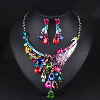 

Elegant Bridal Jewelry Set woman wedding Colorful Crystal Necklace Earrings sets bridesmaid gift Party prom Costume jewellery