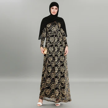 

Elegant Muslim Abaya Golden Lace Maxi Dress Party Long Robe Gowns Festival Middle East Ramadan Worship Service Islamic Clothing