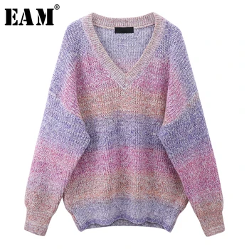 

[EAM] Striped Big Size Knitting Sweater Loose Fit V-Neck Long Sleeve Women Pullovers New Fashion Tide Autumn Winter 2020 1X261