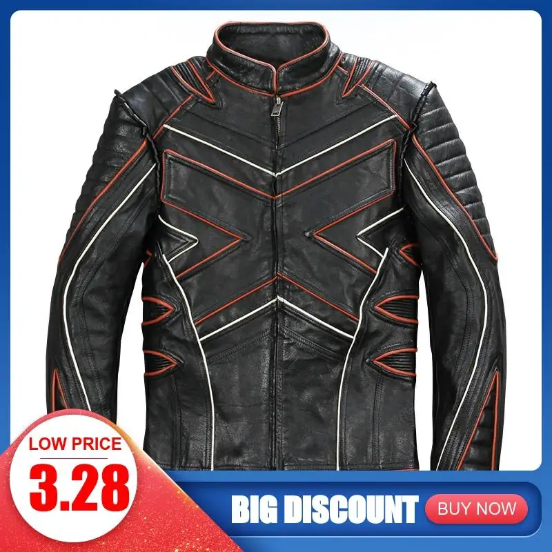 

2020 Black Men American Style Biker's Leather Jacket Plus Size XXXXL Genuine Cowhide Slim Fit X Men Motorcycle Leather Coat