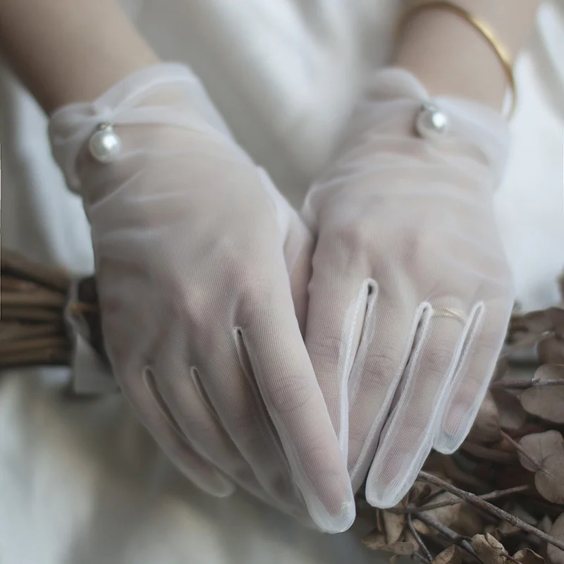 Bridal Gloves Wedding Gloves White Gauze Woman Thin Lace Ladies Fingered Pearl Wedding Accessories lace gloves,wedding dress gloves,wedding sleeve accessories