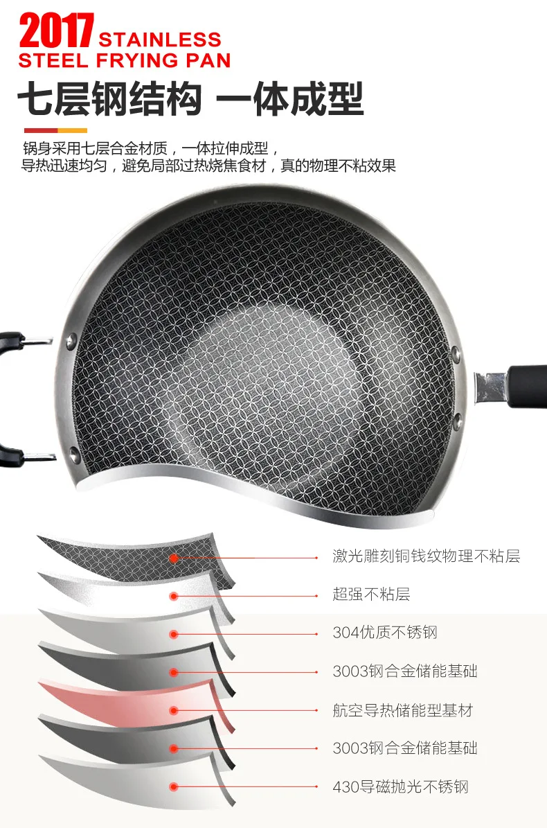 304 ВОК из нержавеющей стали nothing Lampblack с антипригарным покрытием, трехслойная сталь с плоским дном, кухонная посуда, кухонный горшок