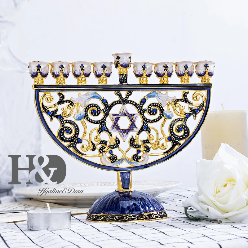 H&D ручная роспись Эмаль Цветочный Hanukkah Menorah подсвечник 9 веток канделябры украшенные кристаллами Звезда Давида Хамса