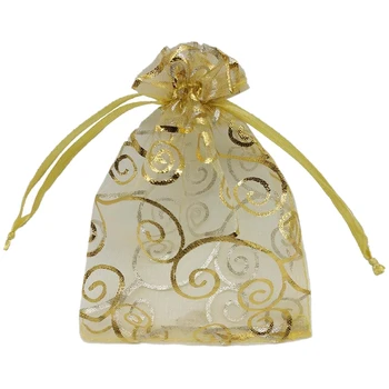 

100Pcs Sheer Organza Favor Bags for Wedding Rattan Print Gift Bags Samples Display Drawstring Pouches (9X12cm, Gold)