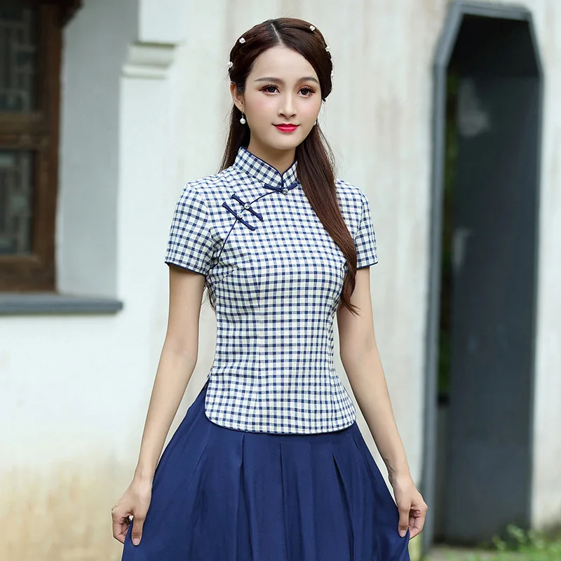 Sheng Coco Женская клетчатая блузка темно-синего цвета ретро платье Ципао Топы Одежда в китайском стиле рубашка с коротким рукавом Блузка Hanfu