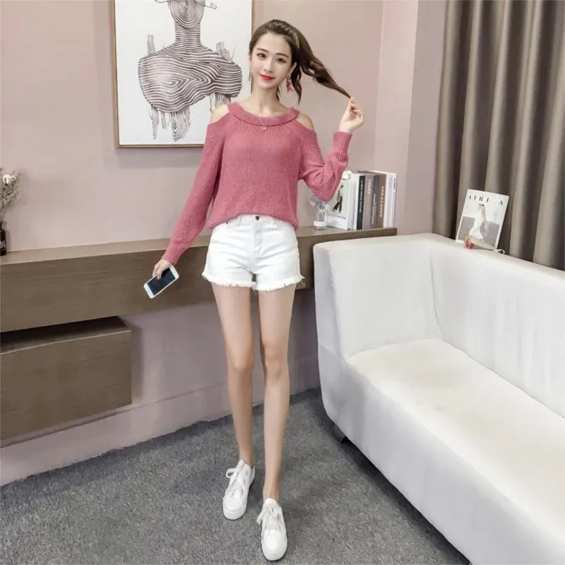 

Autumn Off Shoulder Knitting Ladies Sweater O-Neck Harajuku High Elasticity Womens Pullover Full Sleeve Loose Fit Female Jumper