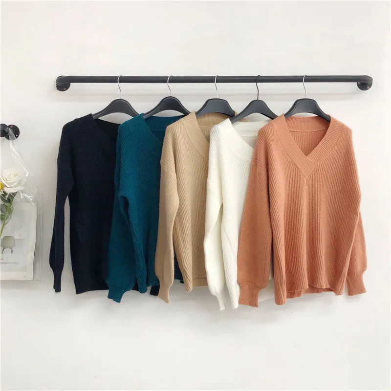 Женский кашемировый пуловер теплый Свободный вязаный джемпер с V-образным