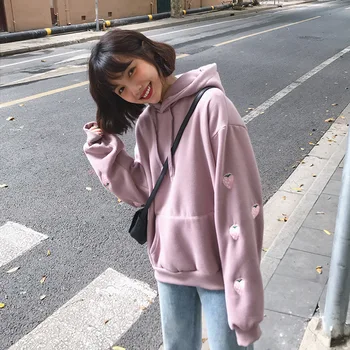 

Strawberry Embroidery Women Hoodies Pockets Full Sleeve Female Sweatshirt Casual Pullovers Sweatshirt Autumn Femme 2019