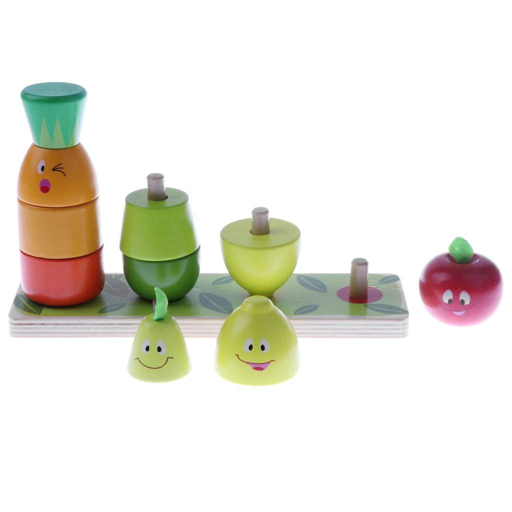 Cute Smiling Face Wooden Fruits Doll Stacking Game Building Blocks  Toy