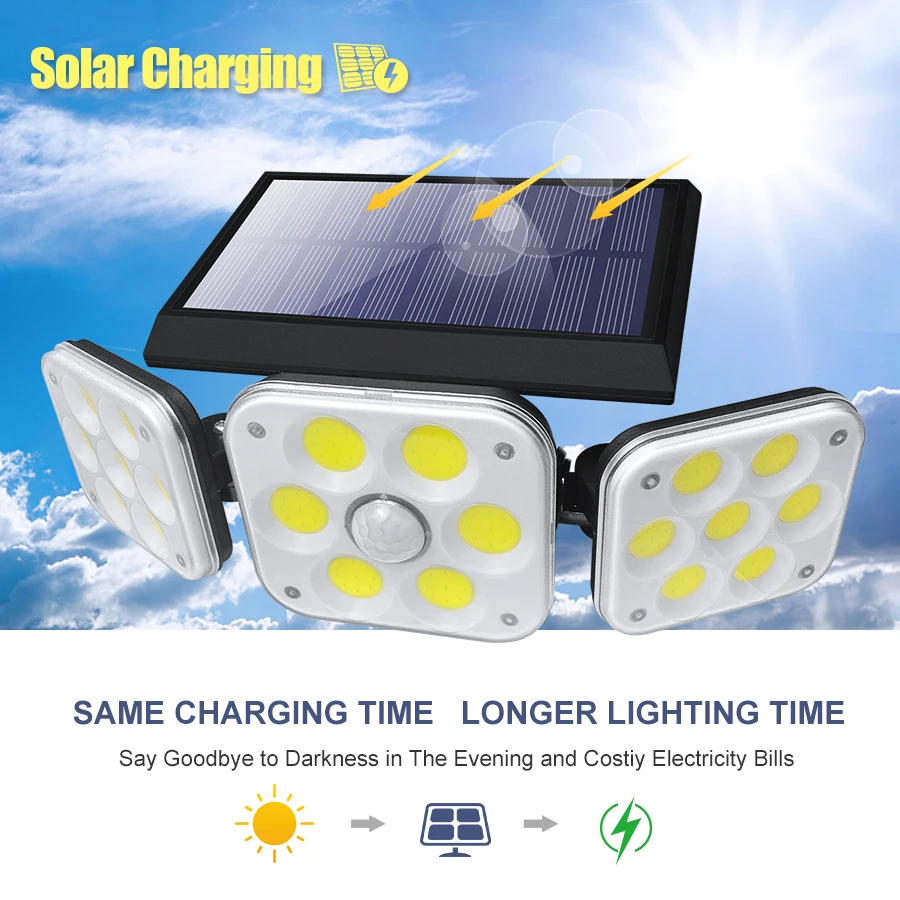 Lot De 2 Lampes Solaires Extérieur à Détecteur De Mouvement - 3 Têtes Réglables, 74 LEDs, IP65