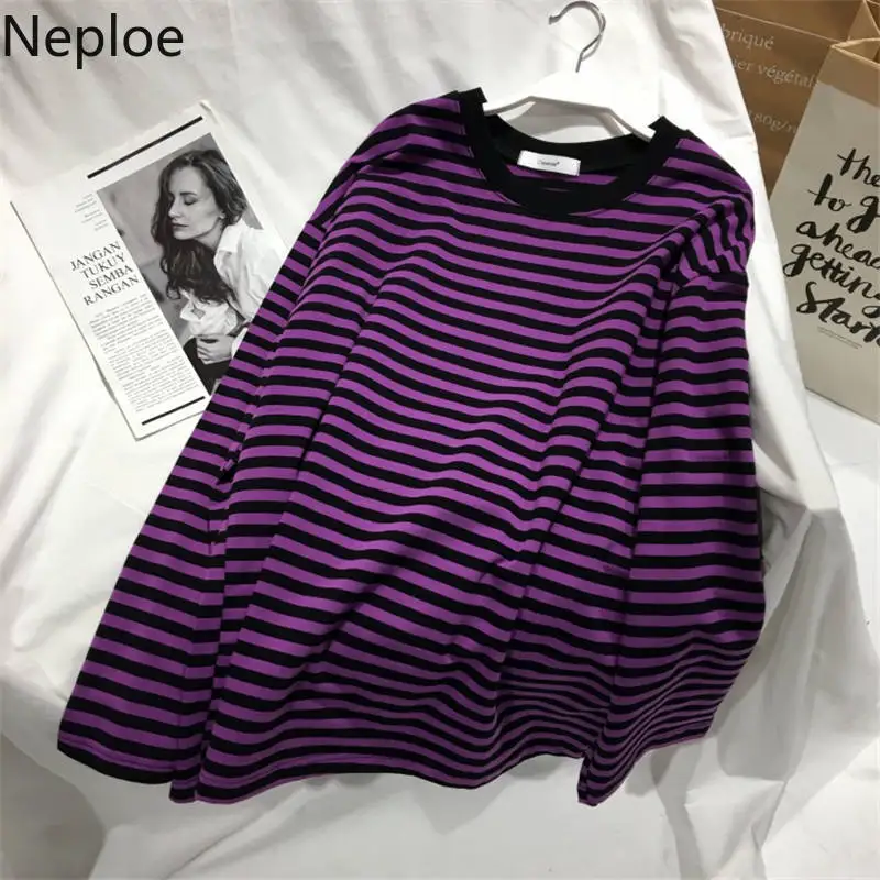 Neploe 2022 Autumn Striped Sweaters Medium-long Causal Pullovers Thin O-neck Top Korean Streetwear Plus Size Women Clothes | Женская