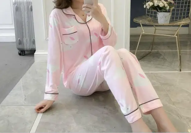 StyleO H5691 в Корейском стиле Для женщин пижамы на весну и осень с длинными рукавами, одежда для сна, женские свободные с отложным воротником, одежда для сна, пижамы для девочек Милая Домашняя одежда костюм - Цвет: StyleO