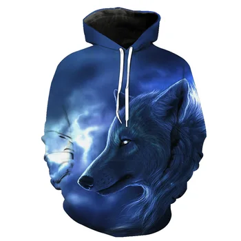 

European trade lonely wolf king print with hat pocket jacket head of men's tide and hat men's suit Printing Blouse hoodies