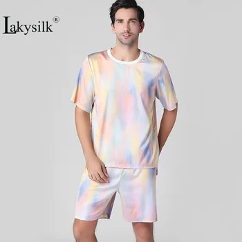 

Short-sleeved Silk Men's Pajama Set Summer Thin Loose Large Size Home Service Suit Gradient Contrast O-neck Casual Pajamas Pants