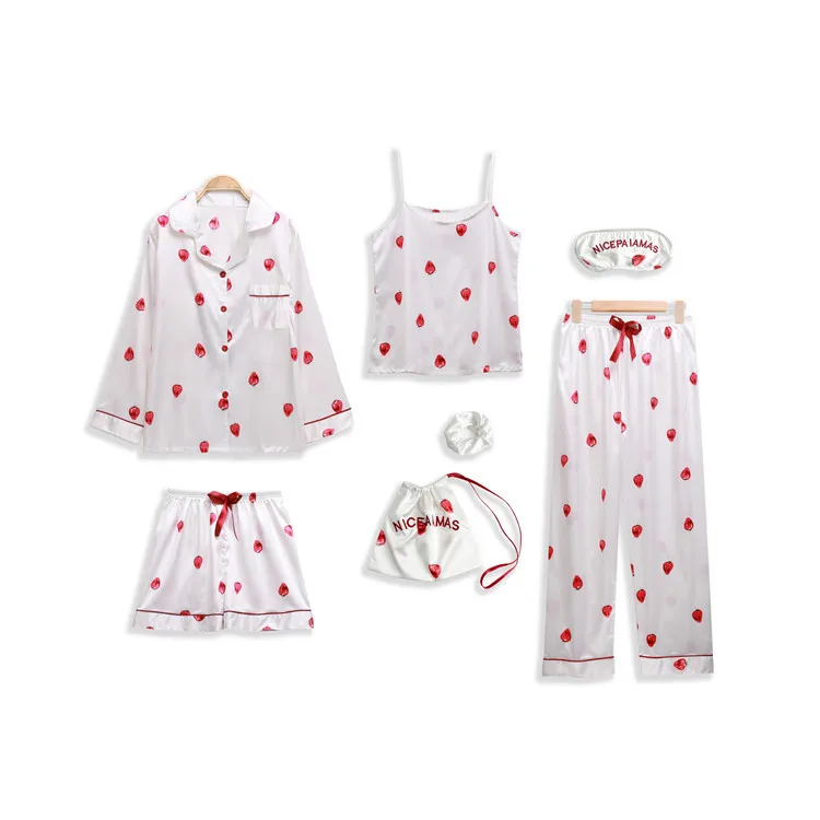 

(Spike ARTISTRY) Spring And Summer Autumn New Style Imitated Silk Fabric Strawberry Seven Sets Pajamas Women's Homewear Set 3-Co