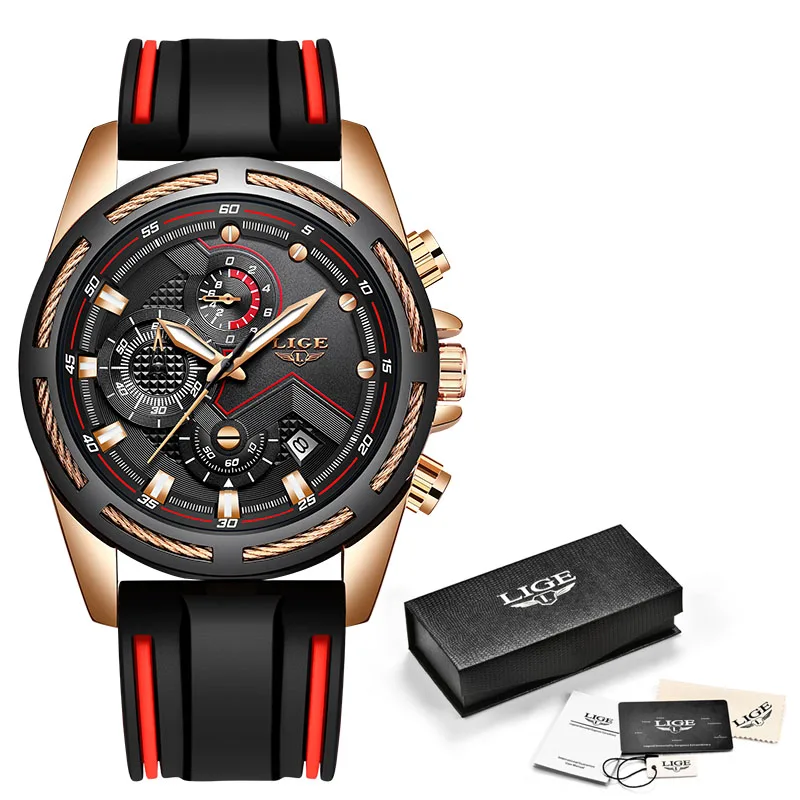 LIGE Men's Chronograph Analog Quartz Watch with Date, Luminous Hands, Waterproof Silicone Rubber Strap Wristswatch for Man - Цвет: rose gold black