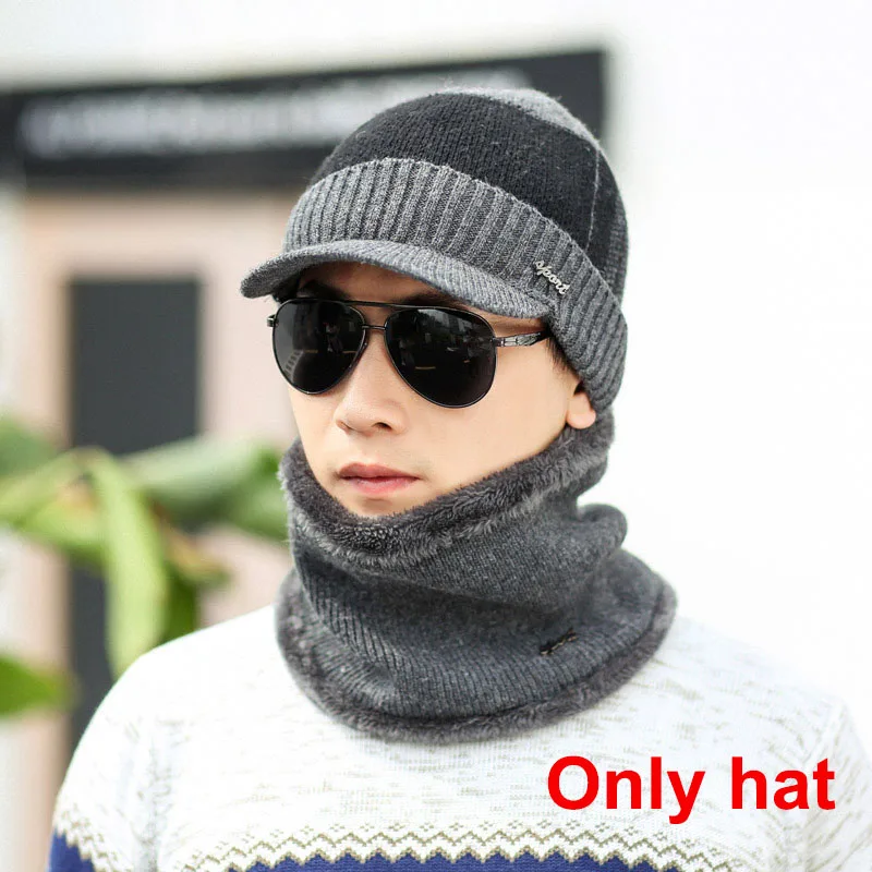 Мужская шапка, шарф, набор, флисовая мягкая шапка, модная шапка Skullies Beanies, уличная шапка, вязаная, теплая, толстая, зимняя, женский шарф, шапка бини - Цвет: Black gray hat